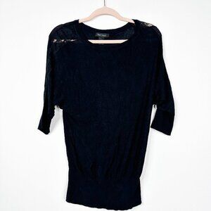2/$30 White House Black Market Blouson Lace Trim Knit Blouse Black Small #8744